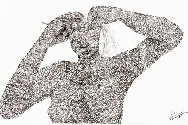 Weaving Woman, 2019, Genevieve Stewart, Kuku Yalanji. Ink on paper. Australian Museum Collection.